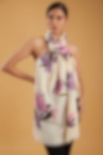 Cream Merino Wool Floral Hand Embroidered Stole by KSTORY