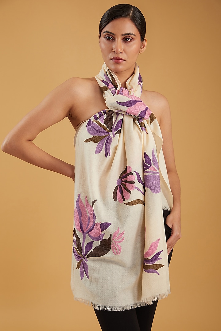 Cream Merino Wool Floral Hand Embroidered Stole by KSTORY
