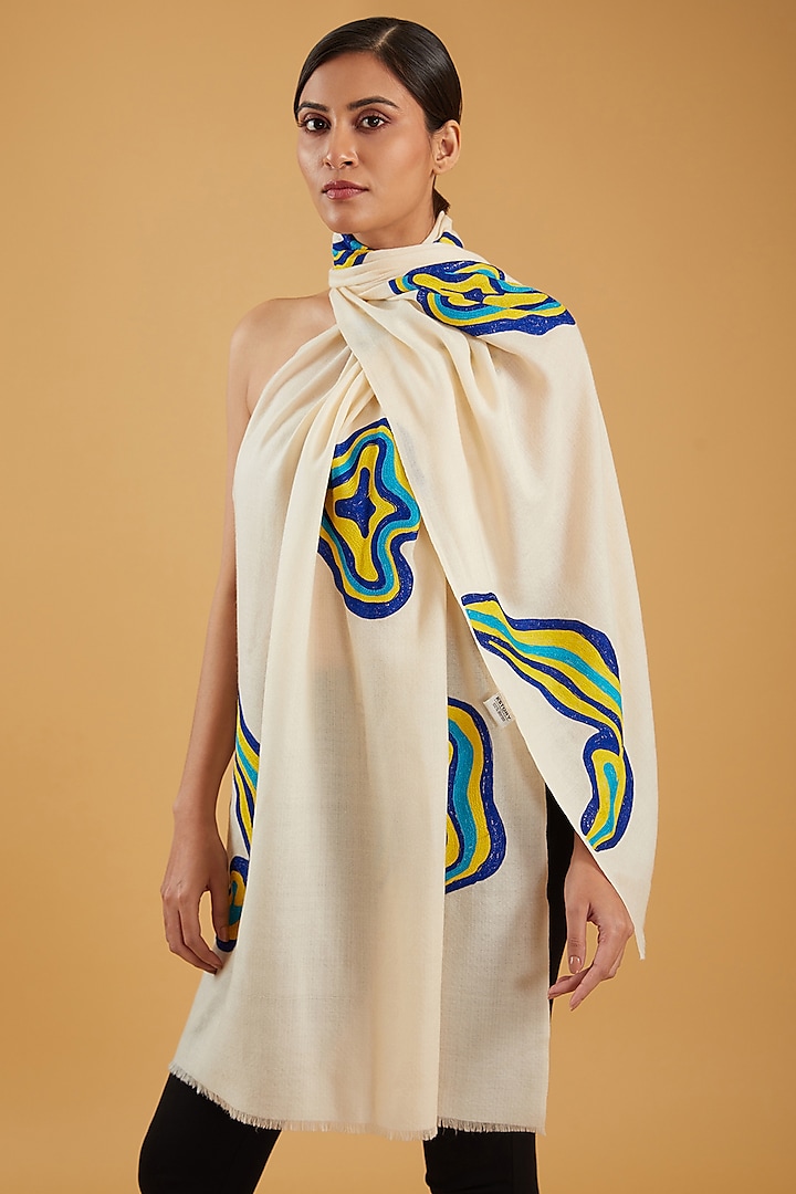 Cream Merino Wool Agate Hand Embroidered Stole by KSTORY