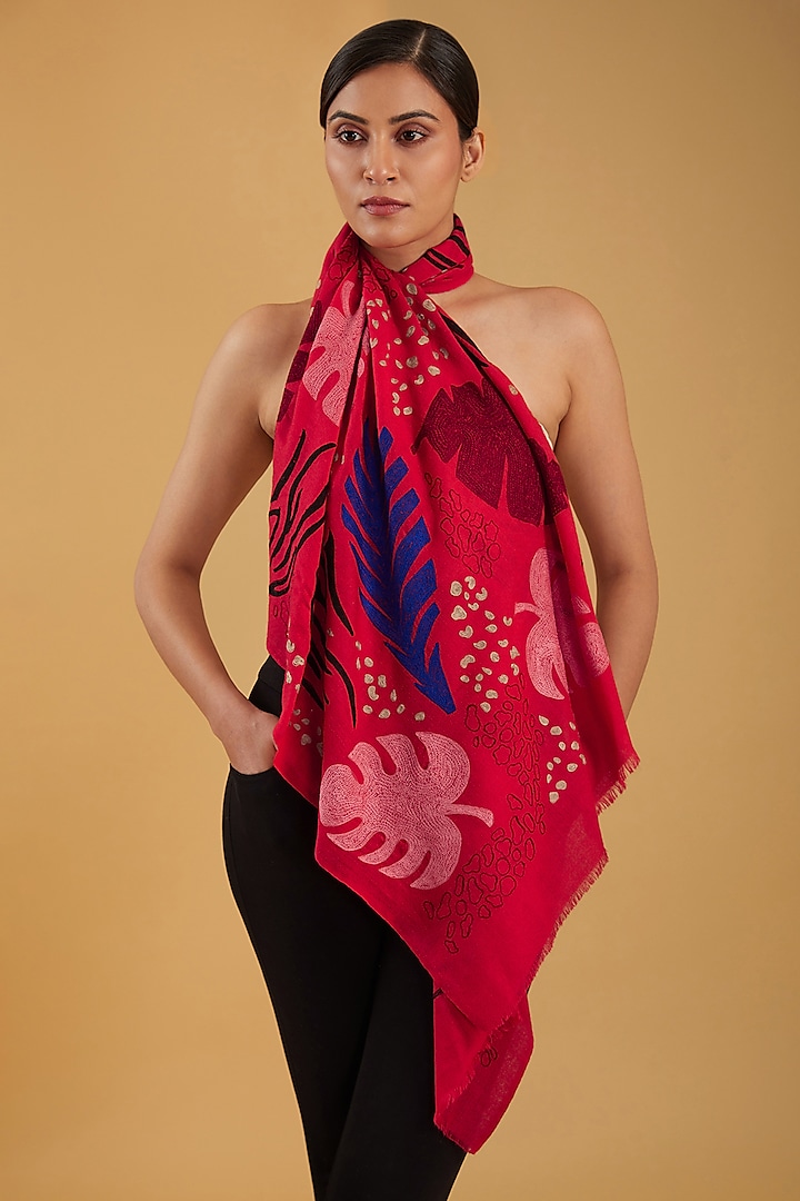 Red Merino Wool Hand Embroidered Stole by KSTORY