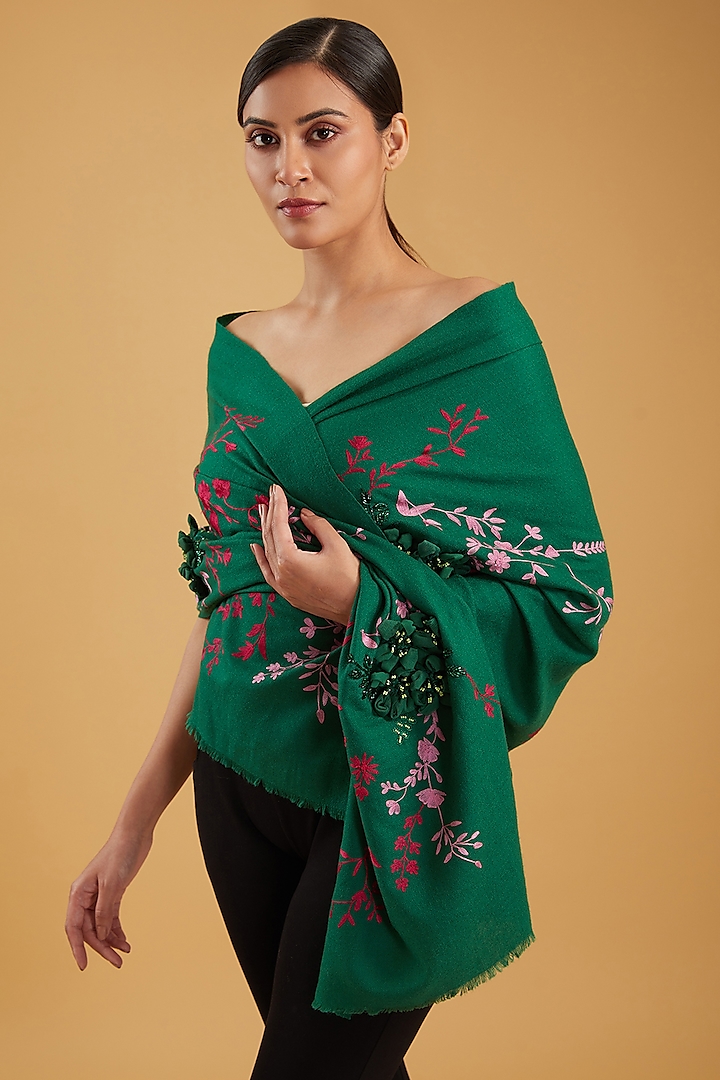 Green Merino Wool Floral Hand Embroidered Stole by KSTORY