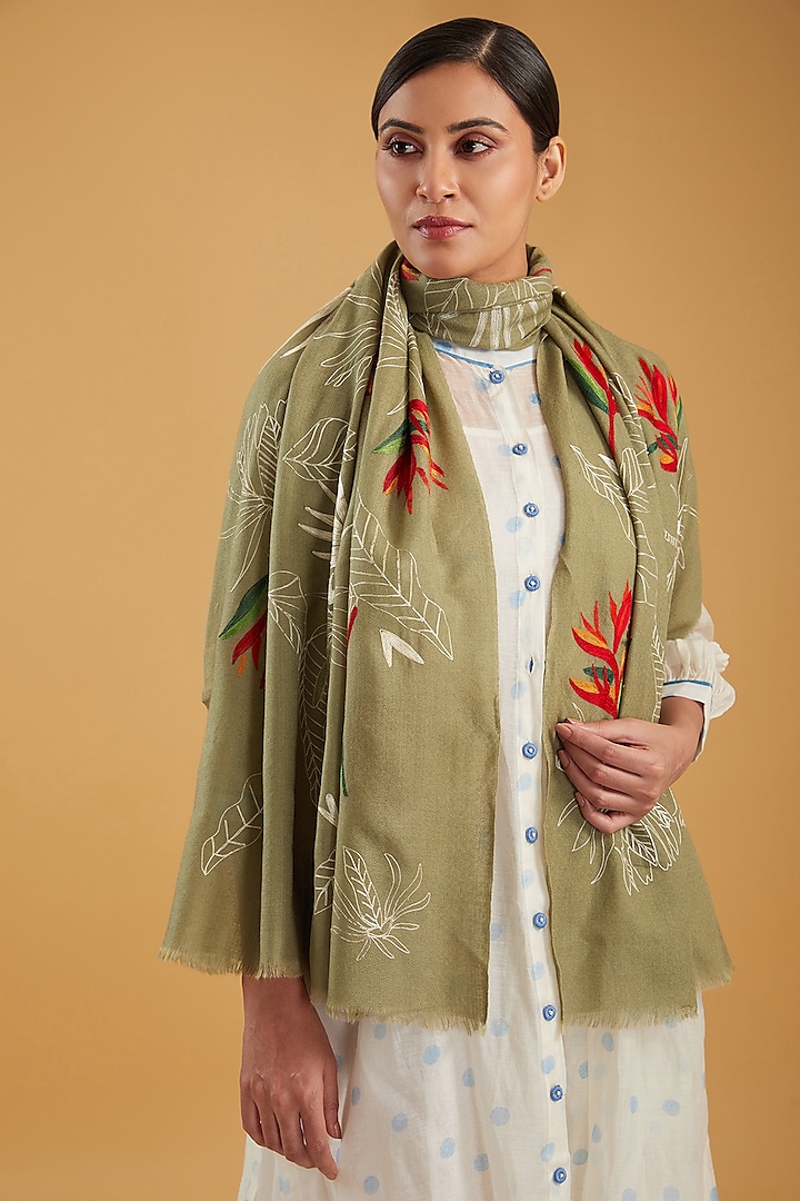 Olive Green Merino Wool Floral Hand Embroidered Stole by KSTORY
