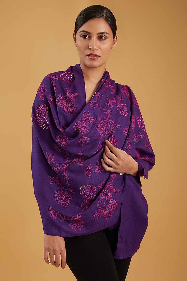 Purple Merino Wool Sequins & Floral Hand Embroidered Stole by KSTORY