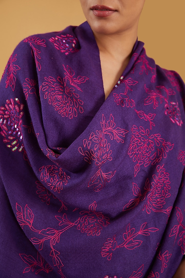 Purple Merino Wool Sequins & Floral Hand Embroidered Stole by KSTORY at Pernia's Pop Up Shop