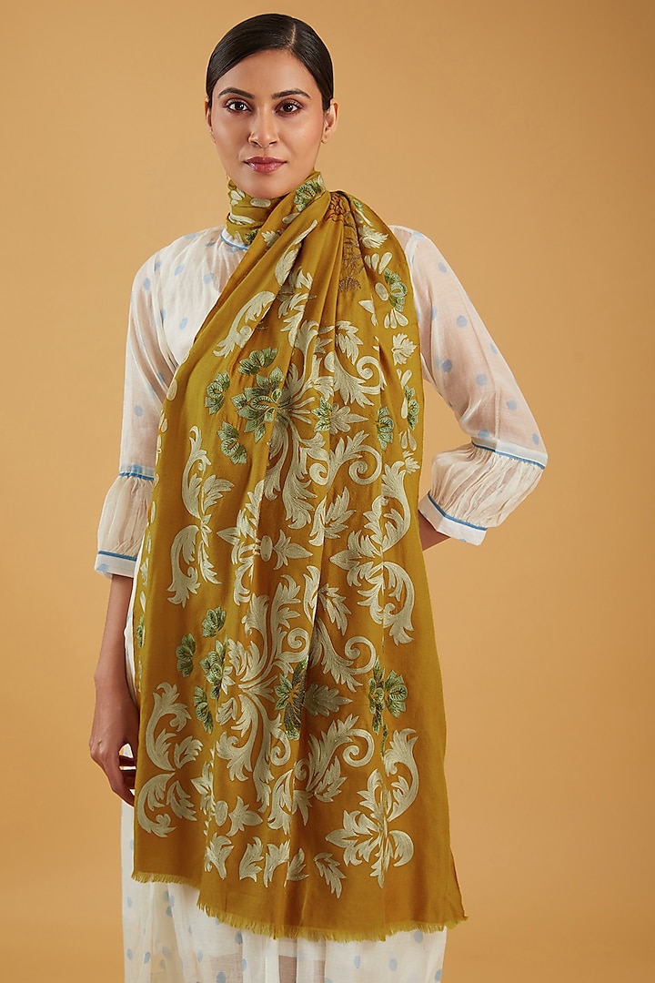 Mustard Cashmere Hand Embroidered Stole by KSTORY