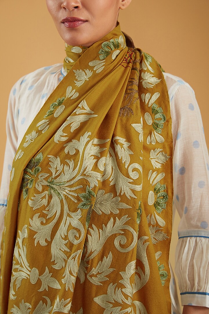 Mustard Cashmere Hand Embroidered Stole by KSTORY at Pernia's Pop Up Shop