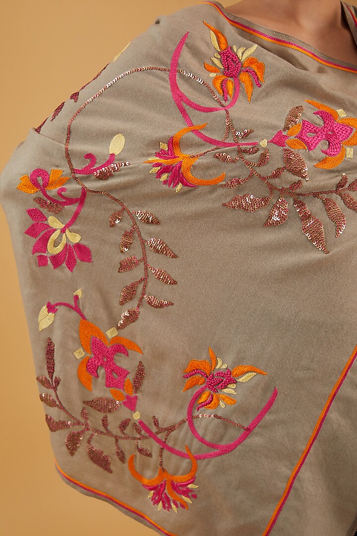 Beige Cashmere Sequins Hand Embroidered Stole by KSTORY at Pernia's Pop Up Shop