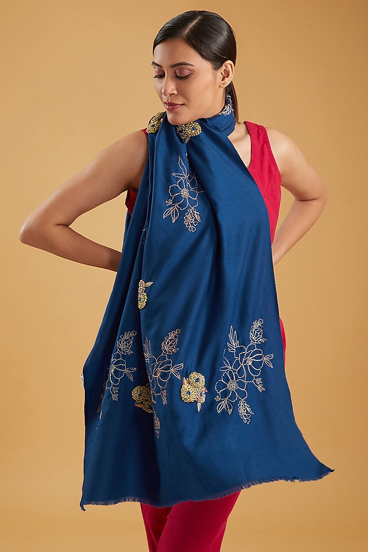 Blue Cashmere Floral Hand Embroidered Stole by KSTORY
