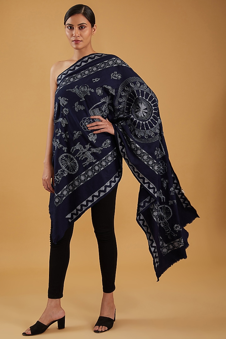 Navy Blue Cashmere Hand Embroidered Stole by KSTORY
