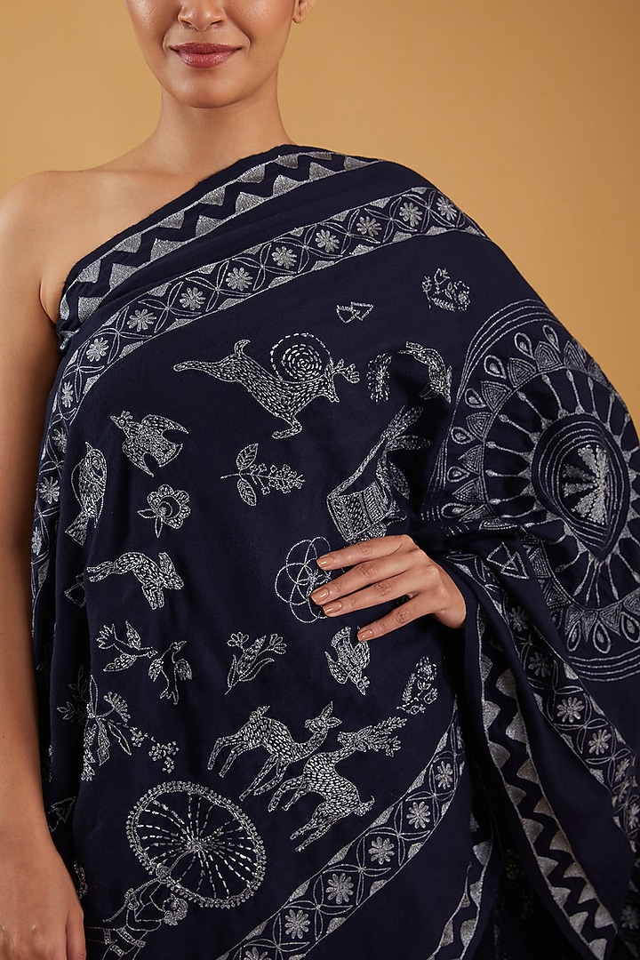 Navy Blue Cashmere Hand Embroidered Stole by KSTORY at Pernia's Pop Up Shop