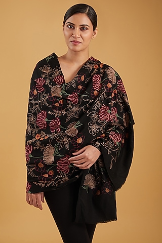 Black Cashmere Floral Hand Embroidered Stole by KSTORY