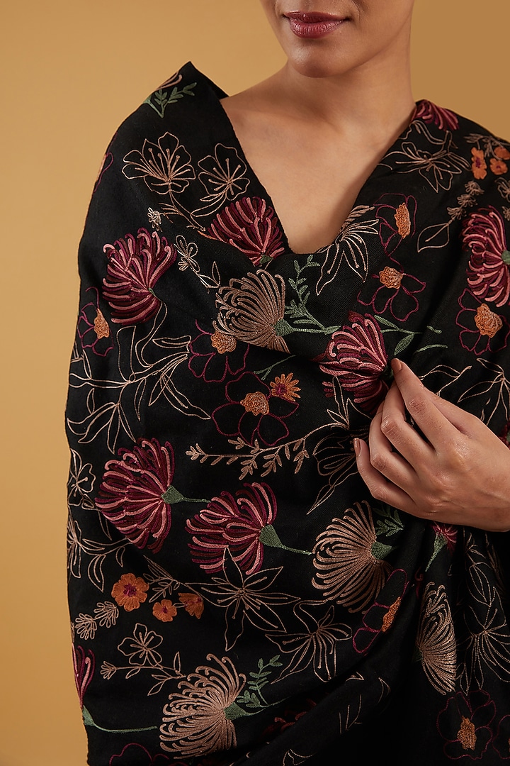 Black Cashmere Floral Hand Embroidered Stole by KSTORY at Pernia's Pop Up Shop