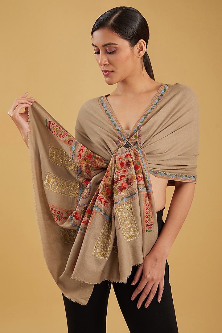 Beige Cashmere Hand Embroidered Stole by KSTORY