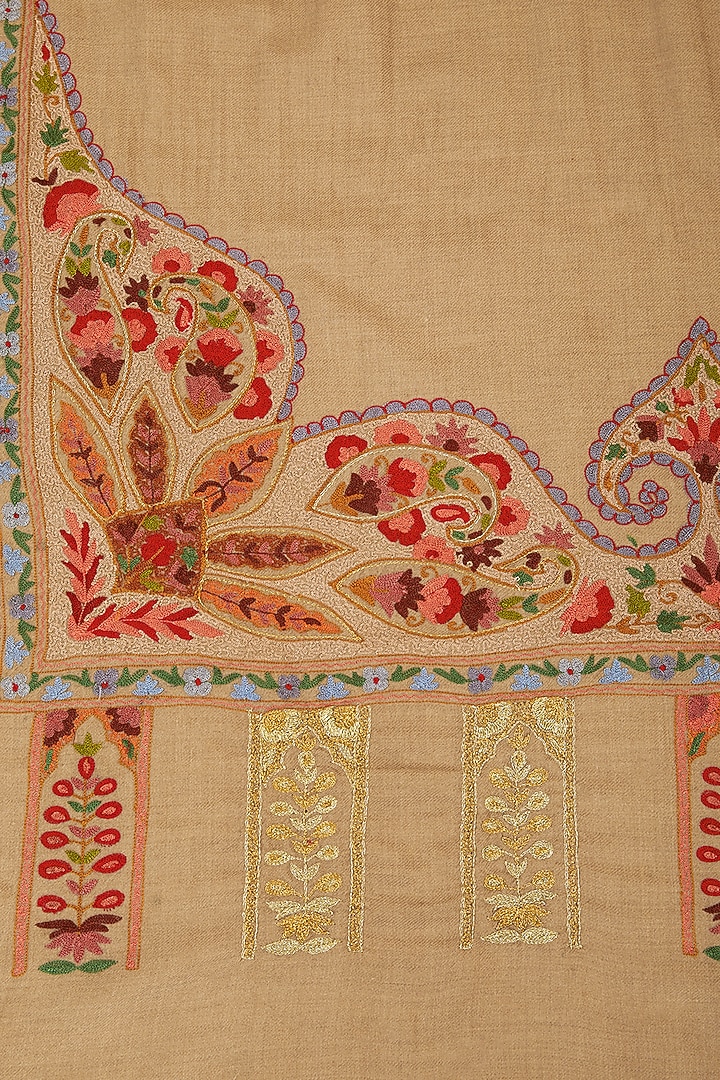 Beige Cashmere Hand Embroidered Stole by KSTORY at Pernia's Pop Up Shop