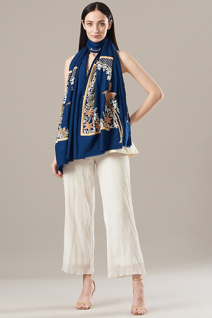Blue Hand Embroidered Stole by KSTORY