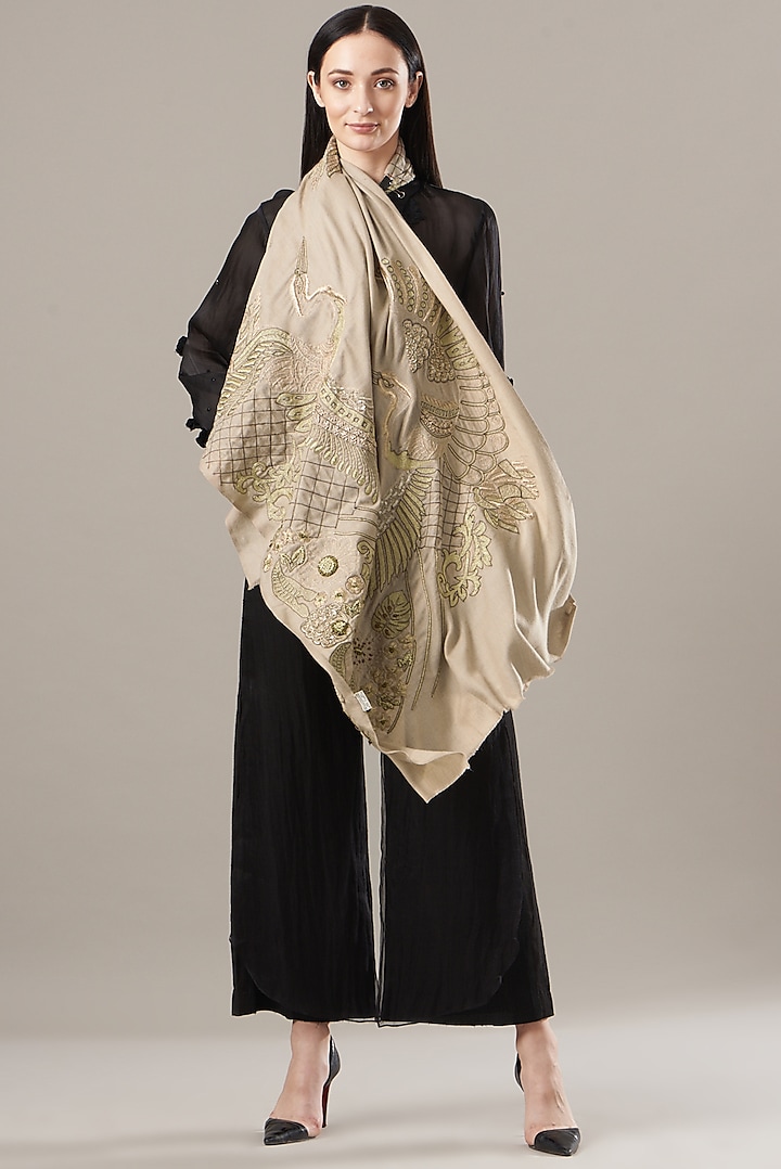 Beige Hand Embroidered Stole by KSTORY