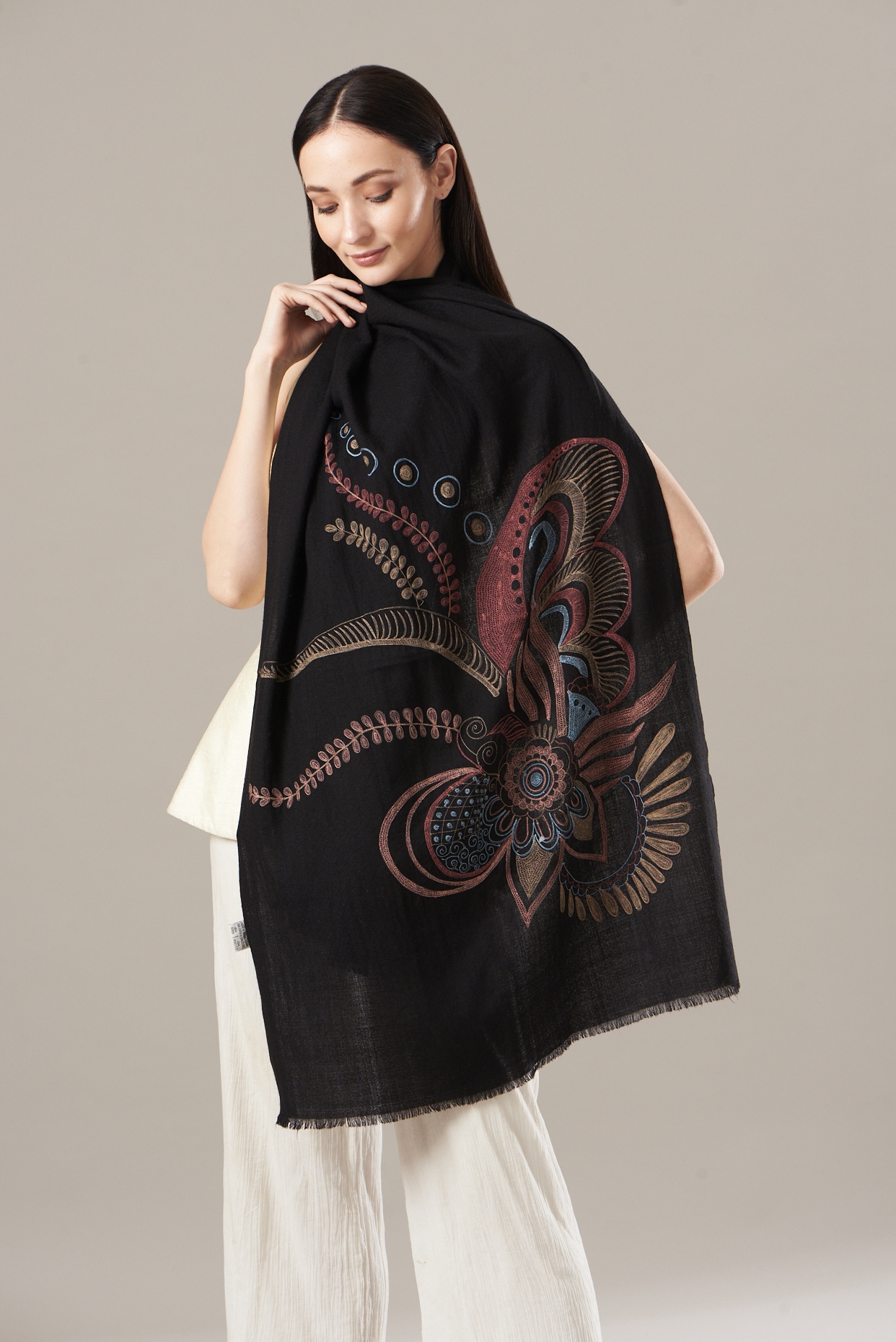 Black Hand Embroidered Scarf Design by KSTORY at Pernia s Pop Up