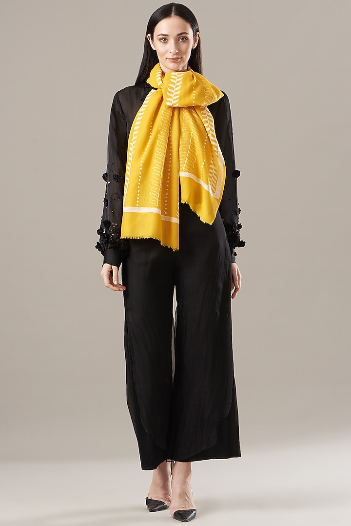 Yellow Hand Embroidered Scarf by KSTORY