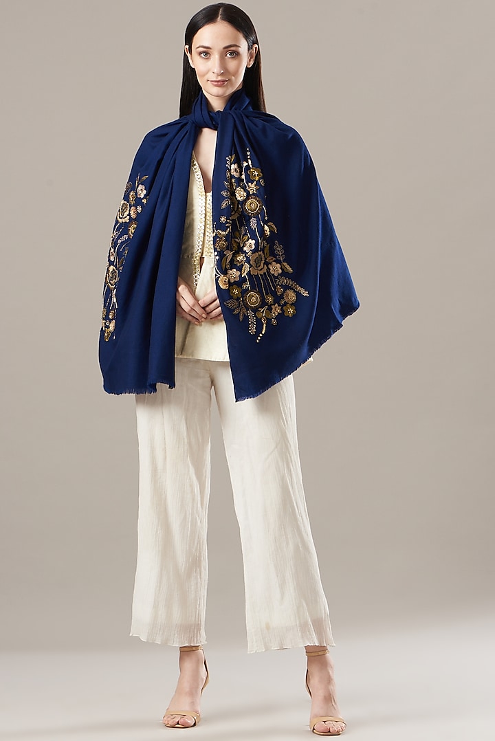 Blue Hand Embroidered Stole by KSTORY