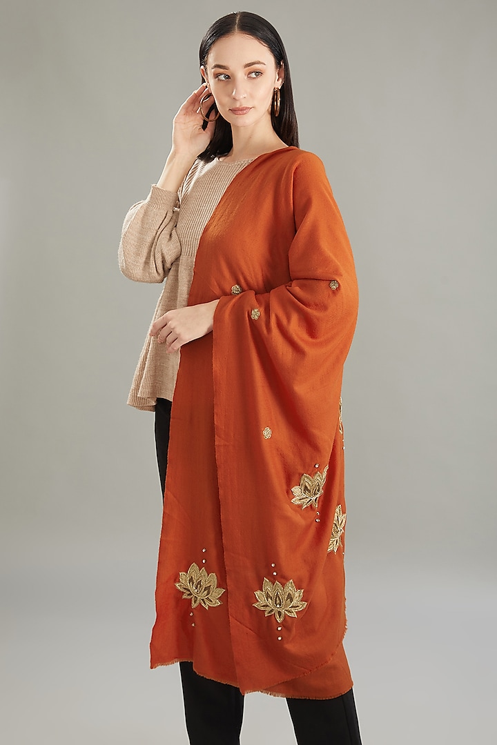 Rust Cashmere Zari Hand Embroidered Stole by Kstory