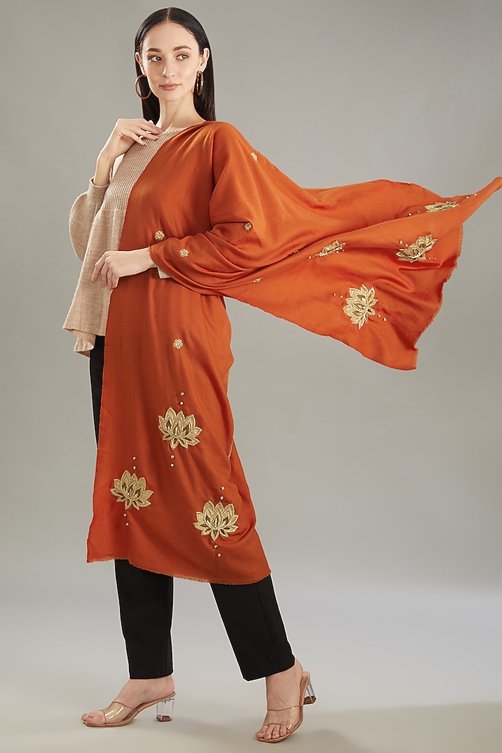 Rust Cashmere Zari Hand Embroidered Stole by Kstory at Pernia's Pop Up Shop