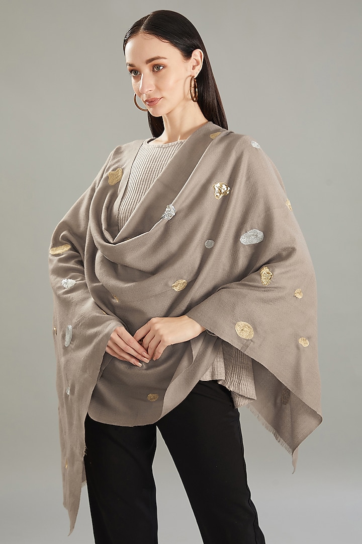 Gold Merino Silver Hand Embroidered Stole by Kstory