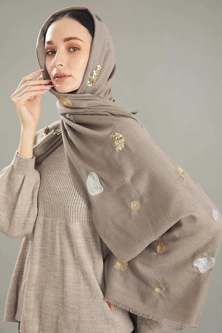 Gold Merino Silver Hand Embroidered Stole by Kstory at Pernia's Pop Up Shop