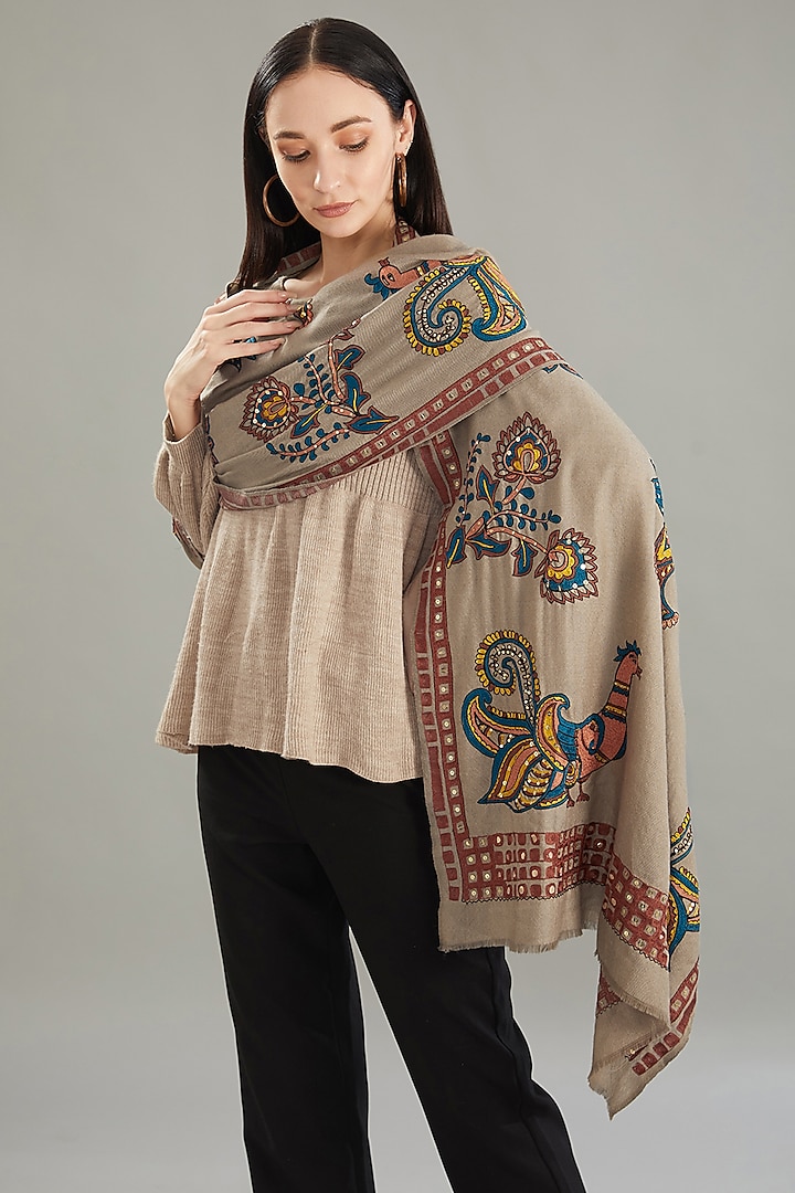 Beige Cashmere Hand Embroidered Stole by Kstory