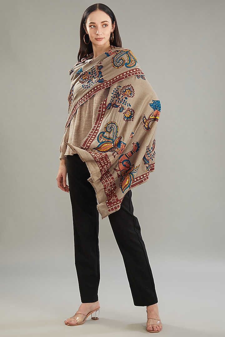 Beige Cashmere Hand Embroidered Stole by Kstory at Pernia's Pop Up Shop