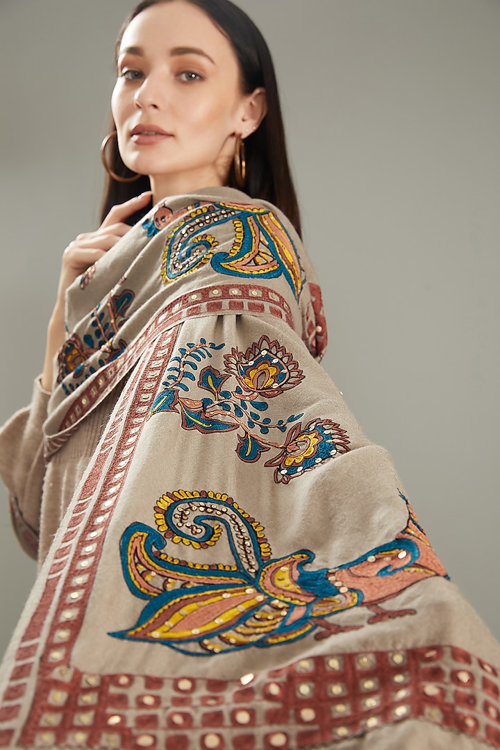 Beige Cashmere Hand Embroidered Stole by Kstory at Pernia's Pop Up Shop