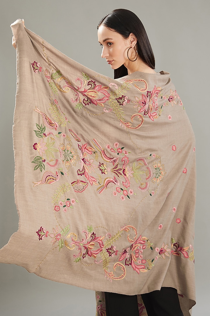 Beige Cashmere Bead Hand Embroidered Shawl by Kstory