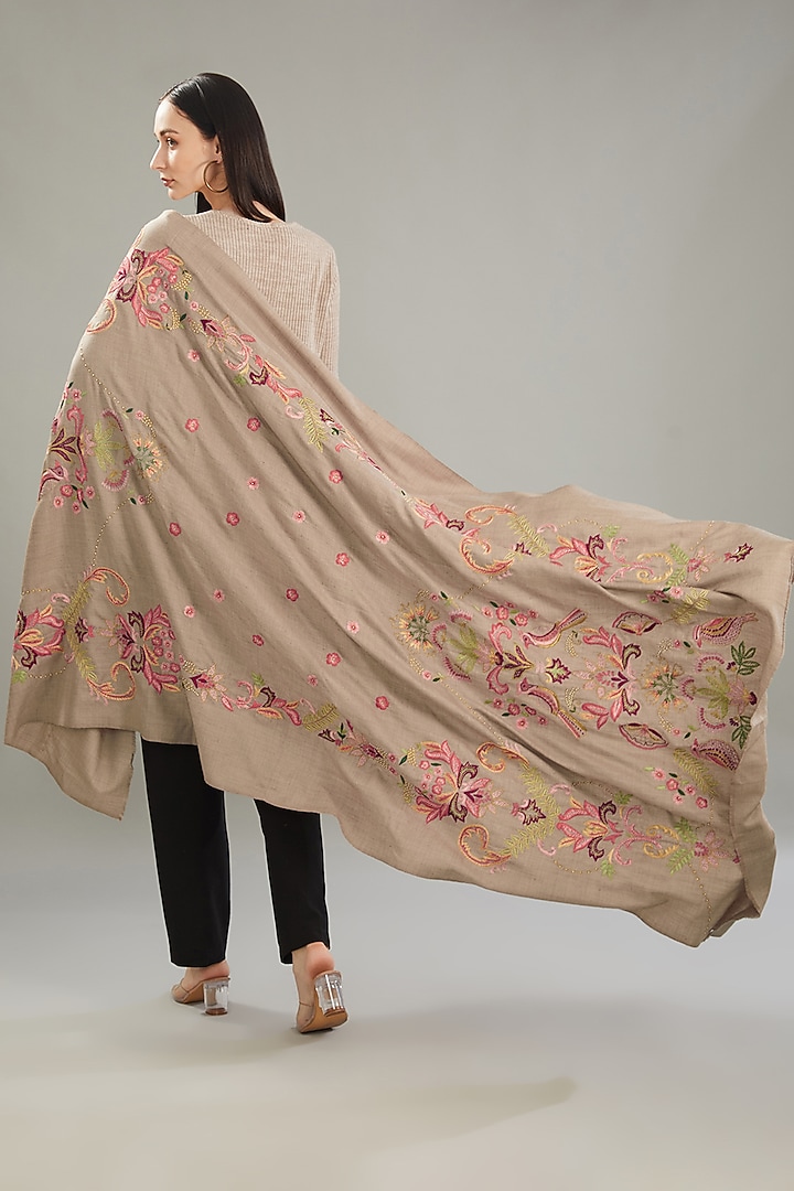 Beige Cashmere Bead Hand Embroidered Shawl by Kstory at Pernia's Pop Up Shop