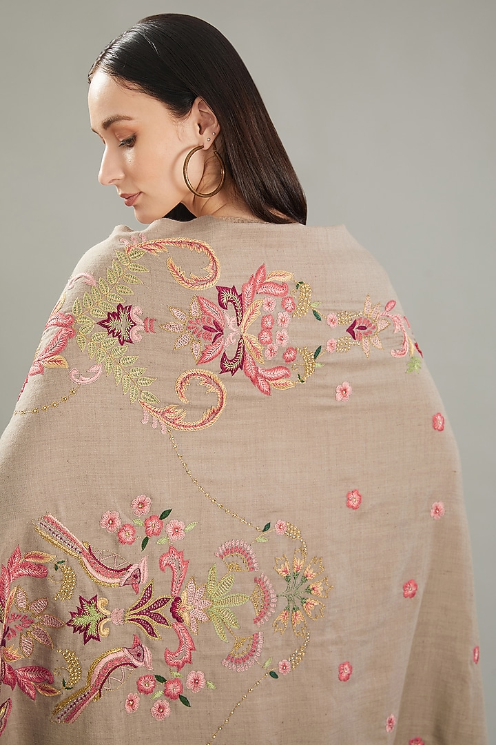 Beige Cashmere Bead Hand Embroidered Shawl by Kstory at Pernia's Pop Up Shop
