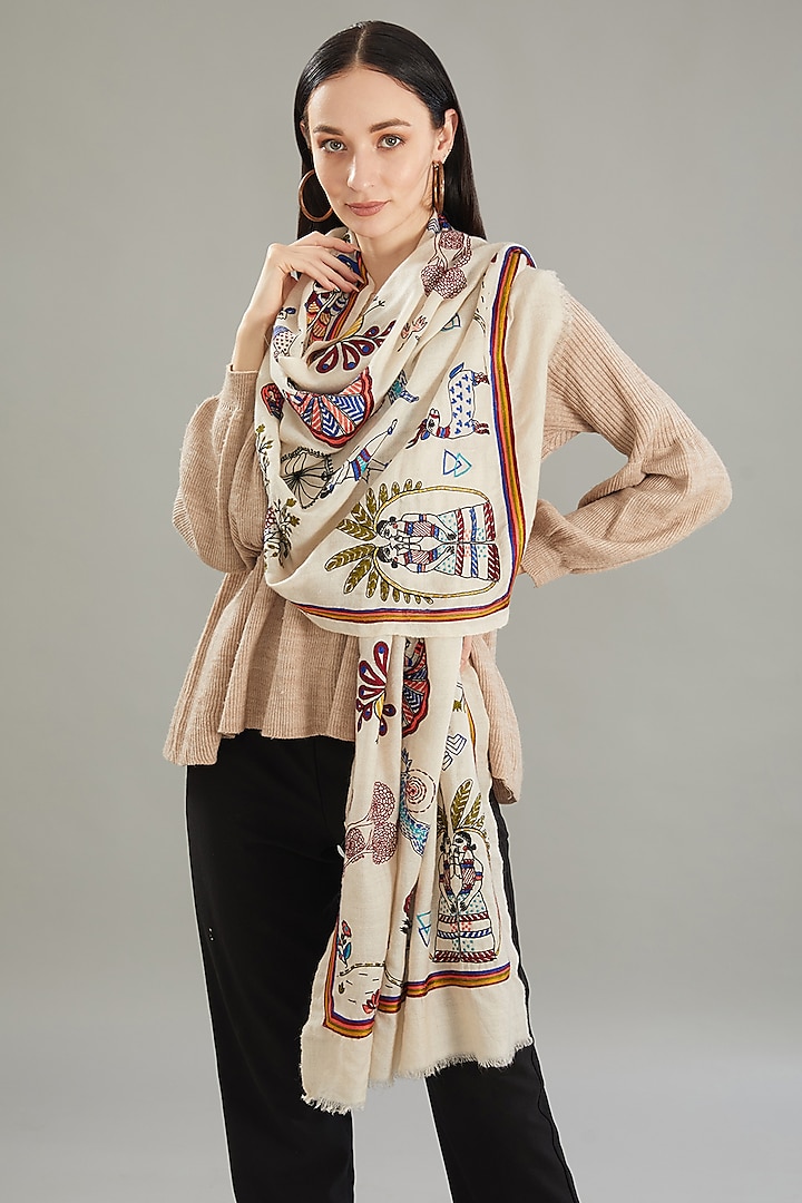 Cream Cashmere Kantha Hand Embroidered Stole by Kstory