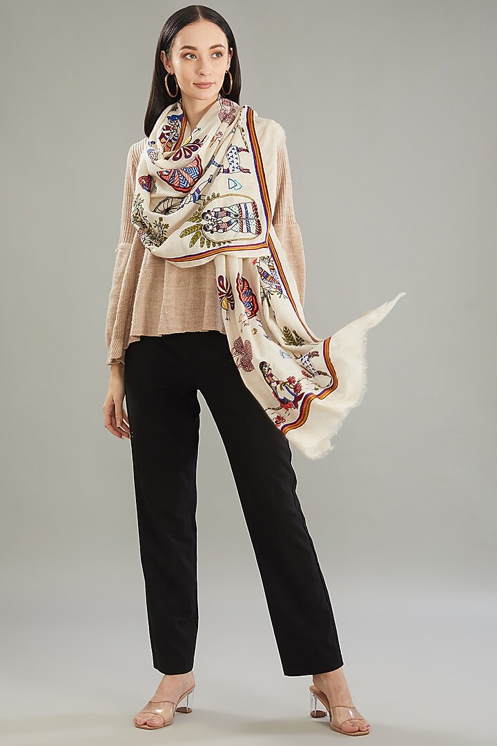 Cream Cashmere Kantha Hand Embroidered Stole by Kstory at Pernia's Pop Up Shop