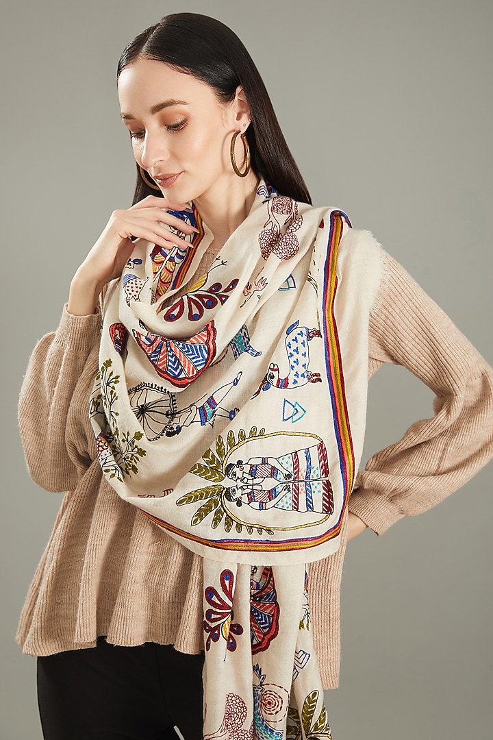 Cream Cashmere Kantha Hand Embroidered Stole by Kstory at Pernia's Pop Up Shop