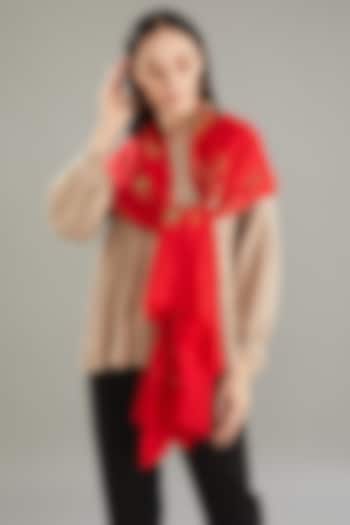 Red Merino Floral & Zari Hand Embroidered Stole by Kstory