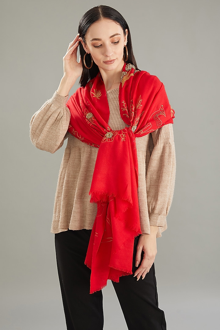 Red Merino Floral & Zari Hand Embroidered Stole by Kstory