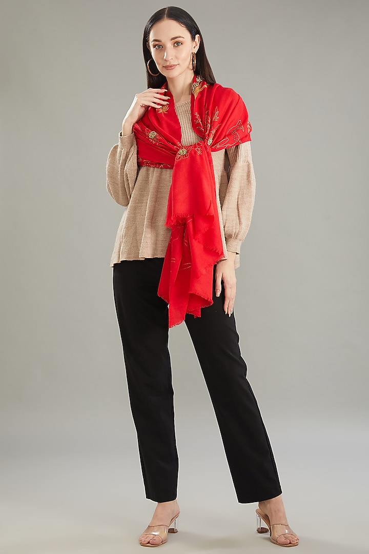 Red Merino Floral & Zari Hand Embroidered Stole by Kstory at Pernia's Pop Up Shop