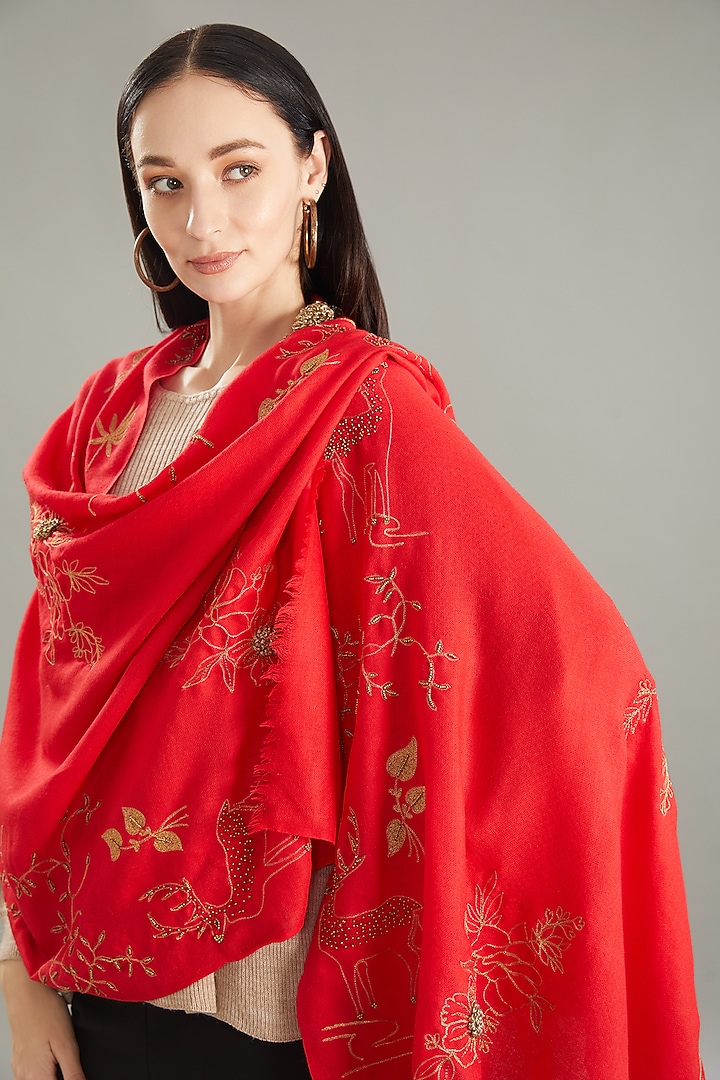 Red Merino Floral & Zari Hand Embroidered Stole by Kstory at Pernia's Pop Up Shop