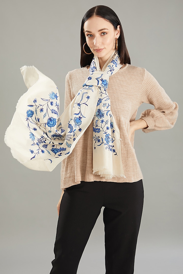 Cream Cashmere Hand Embroidered Stole by Kstory