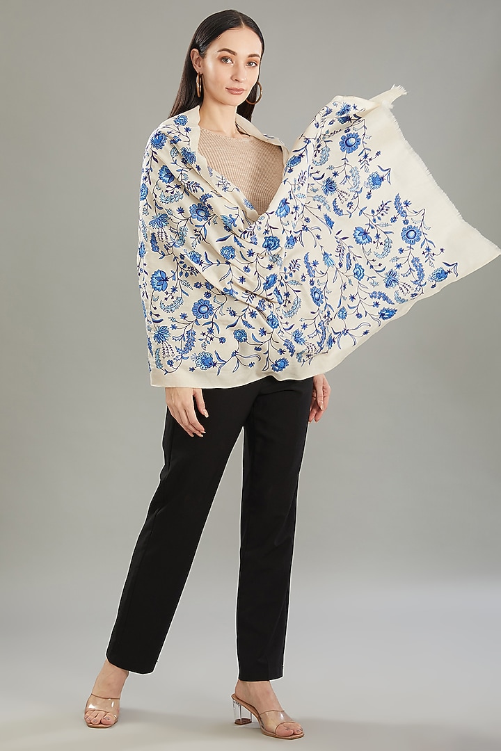 Cream Cashmere Hand Embroidered Stole by Kstory at Pernia's Pop Up Shop