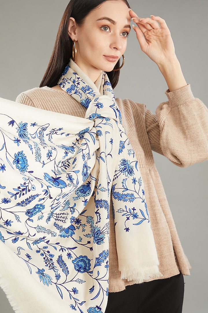Cream Cashmere Hand Embroidered Stole by Kstory at Pernia's Pop Up Shop