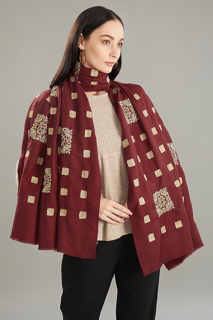 Maroon Cashmere Bead Hand Embroidered Stole by Kstory