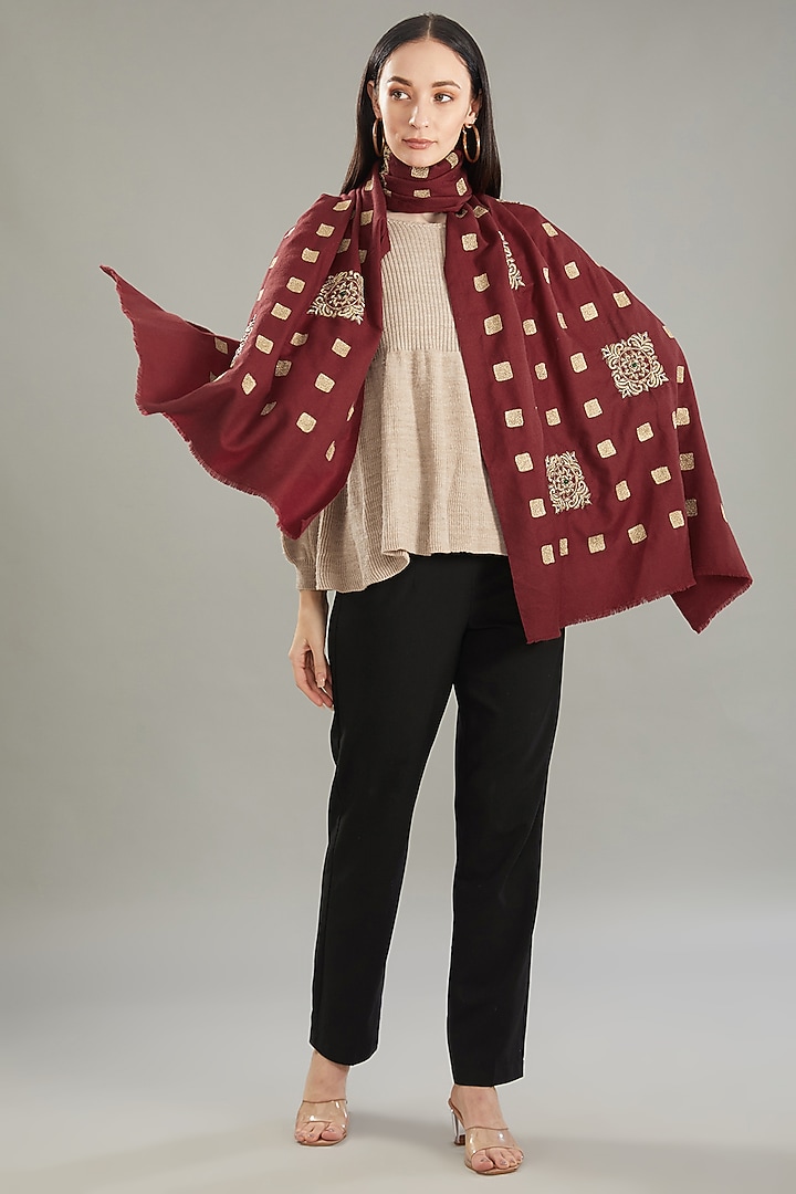 Maroon Cashmere Bead Hand Embroidered Stole by Kstory at Pernia's Pop Up Shop