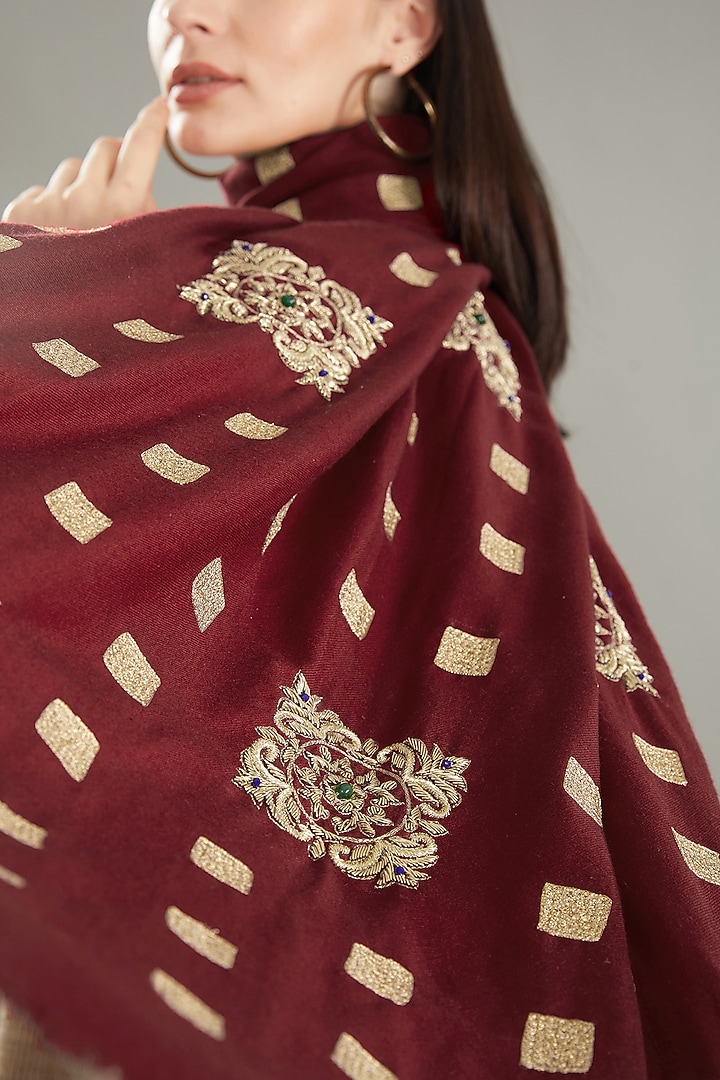Maroon Cashmere Bead Hand Embroidered Stole by Kstory at Pernia's Pop Up Shop
