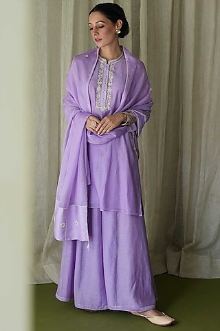 Purple Chanderi Silk Hand Embroidered Kurta Set by Kanika sharma