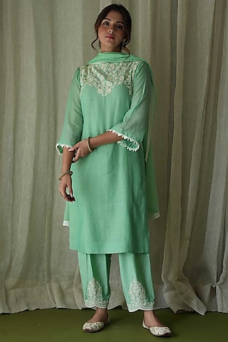 Pista Chanderi Silk Hand Embroidered Kurta Set by Kanika sharma