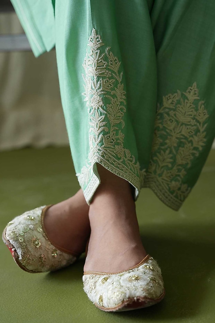Pista Chanderi Silk Hand Embroidered Kurta Set by Kanika sharma at Pernia's Pop Up Shop