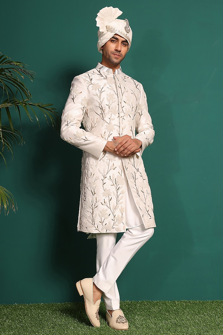 Ivory Raw Silk Embellished Groom Sherwani Set by Prateek Munjal at Pernia's Pop Up Shop